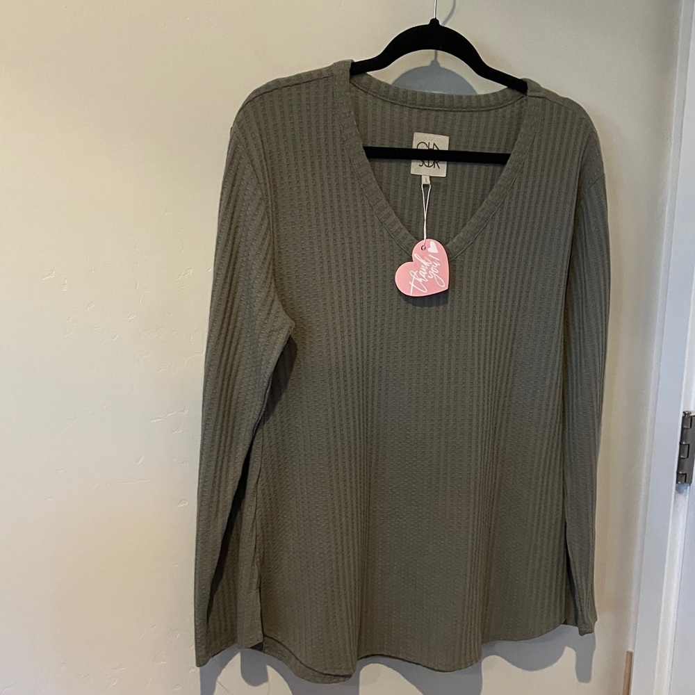 Olive Green V-Neck Ribbed Sweater